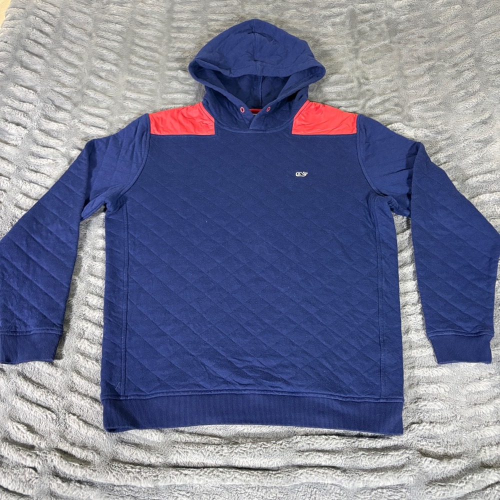 Vineyard Vines Mens Medium Quilted Pullover Hoodie Navy Blue Red Contrast Yoke